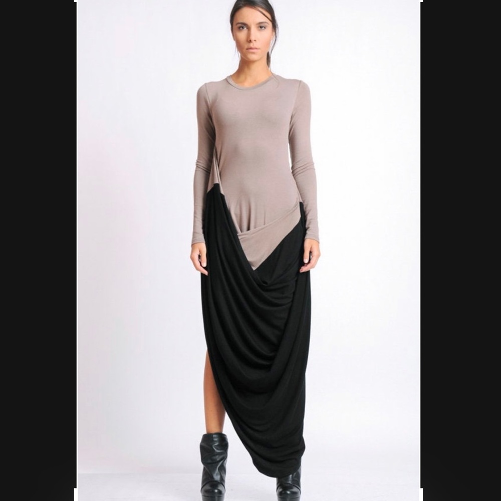 Metamorphose Olive Green and Black Avant Garde Long Maxi Bodycon Dress